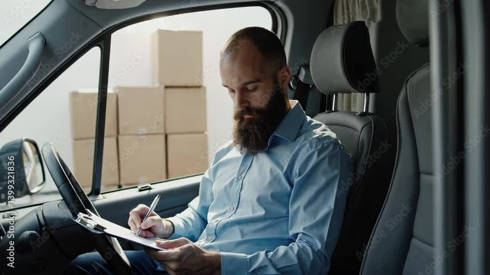 Poster experienced delivery professional wearing beard, sitting inside vehicle and meticulously reviewing s