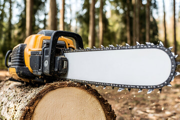Fototapeta premium powerful chainsaw rests on freshly cut log in serene forest, showcasing its sharp blade and robust design