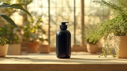 Dark bottle of hand soap on a wooden surface, surrounded by plants