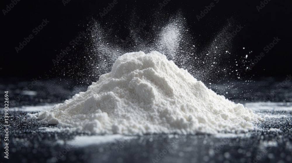 Poster a close-up image of a mound of white powder with fine particles dispersing into the air against a da