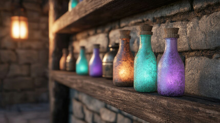 Colorful Potion Bottles on Rustic Wooden Shelf in Medieval Stone Interior