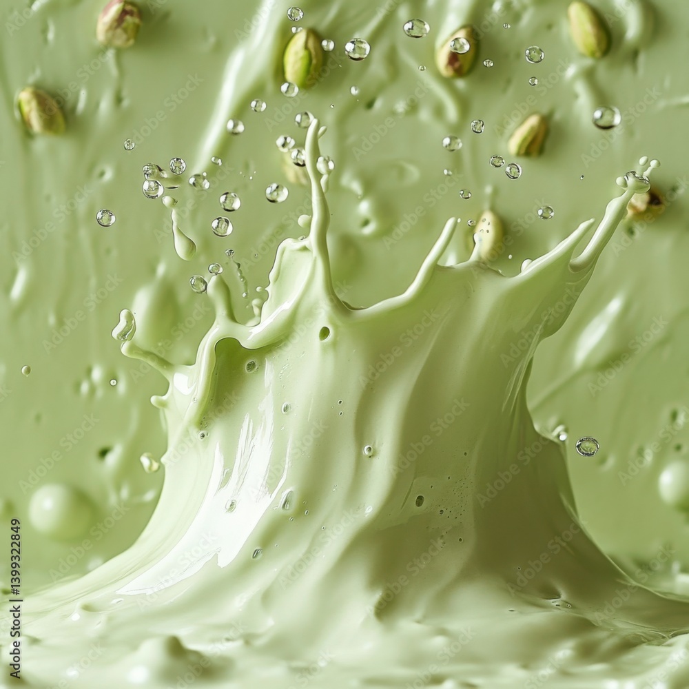 Poster a vibrant splash of green liquid with droplets, creating a dynamic and visually striking effect, sur