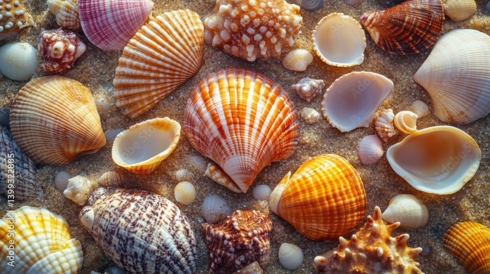 Poster a colorful arrangement of various seashells on sandy shore, showcasing intricate patterns and textur