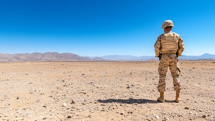 soldier stands vast desert landscape, observing horizon clear blue sky. scene conveys sense of solitude and vigilance