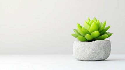 A vibrant green succulent plant in a textured stone pot, minimalist composition on a clean white background, and modern home decor concept.