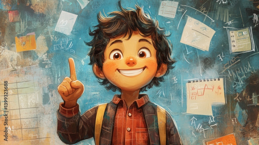 Poster a cheerful child gestures with a raised finger, surrounded by colorful, scribbled notes and diagrams