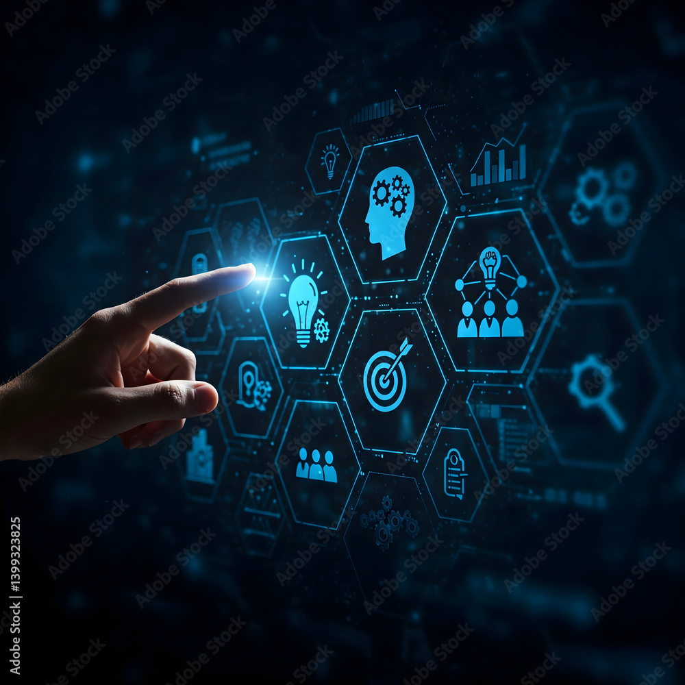 Poster digital interaction and innovation: a hand gestures, interacting with a futuristic digital interface