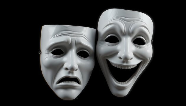 White 3D tragicomic theater masks on black background with dramatic expressions, lighting, and polished surfaces.
