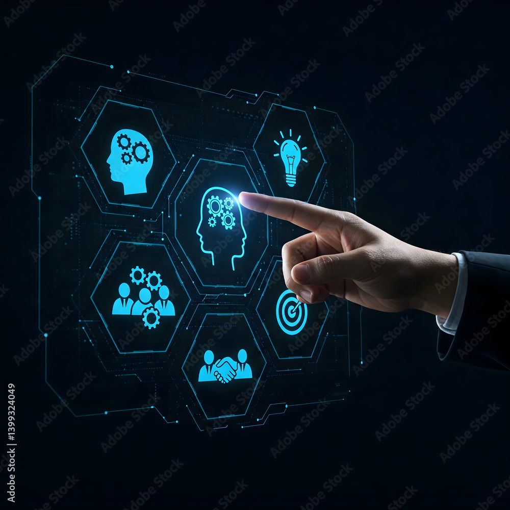 Poster digital intelligence: a hand, the essence of human connection, interacts with a digital interface sh