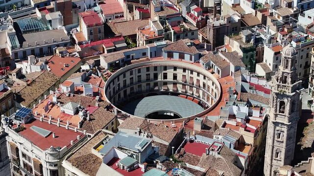 Round Square At Valencia In Comunidad Valenciana Spain. Old Town Scenery. Downtown City. Valencia At Comunidad Valenciana Spain. Turia Gardens Skyline. Beautiful Cityscape.