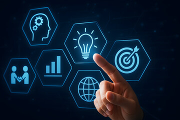 Idea Generation: A human hand selects a digital lightbulb, symbolizing innovative thinking and ingenuity. The composition highlights modern technology and represents the power of ideas.