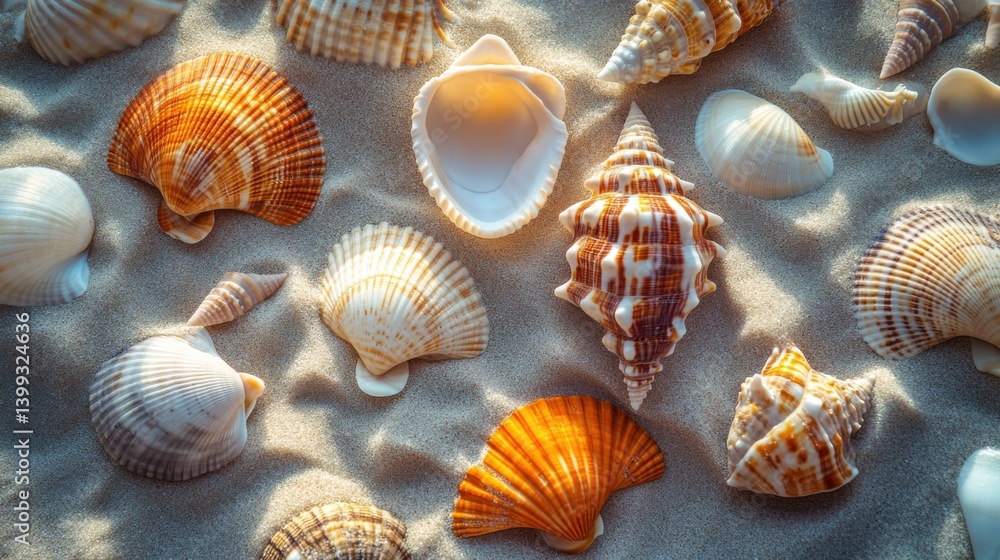 Aufkleber a collection of colorful seashells scattered on sandy beach, showcasing various shapes and patterns,