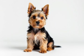 Yorkshire terrier puppy sitting on white background, yorkshire terrier, fluffy, cute