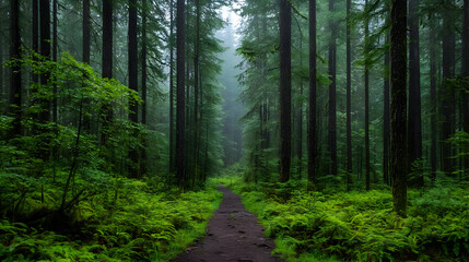 Fototapeta premium Misty Forest Path In Lush Green Woods
