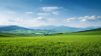 Fototapeta premium Green Meadow With Hills Under Sunny Sky