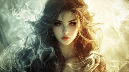 A mystical woman surrounded by swirling smoke, featuring striking eyes and flowing hair, evoking a sense of intrigue and fantasy.