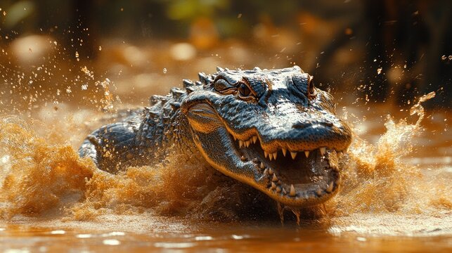 Spectacular Caiman Emerging from Murky Waters