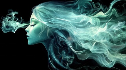 Fototapeta premium A stylized portrait of a woman with flowing hair and ethereal smoke, creating a mystical and serene atmosphere against a dark background.