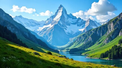 Fototapeta premium Serene Alpine Lake Nestled Amongst Majestic Snow-Capped Peaks and Lush Green Meadows