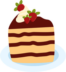 Layered Chocolate Cake Slice with Whipped Cream and Strawberries