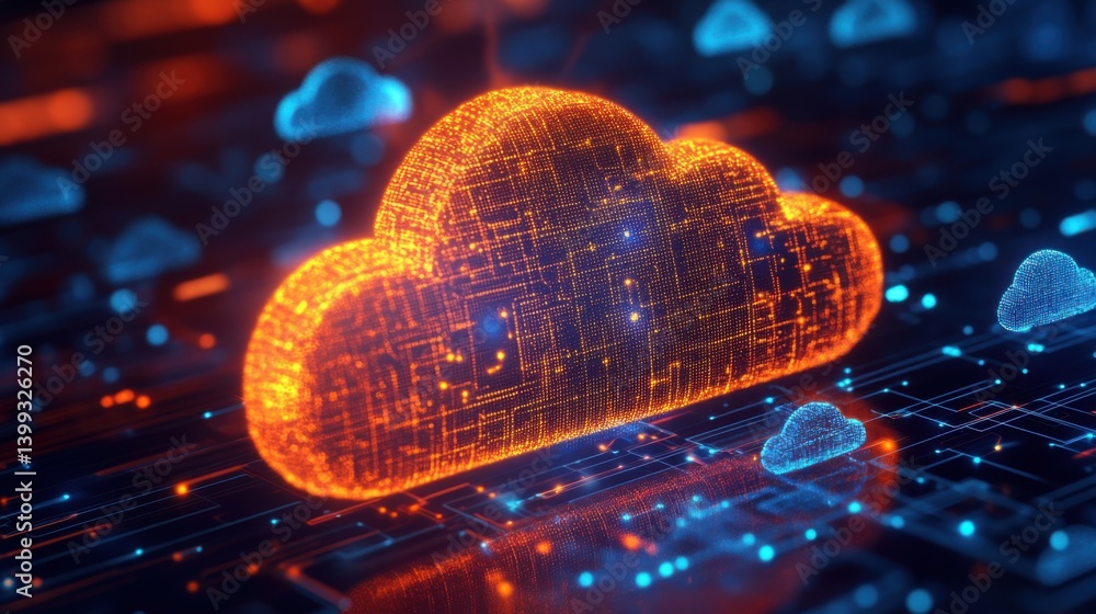 Poster a vibrant, digital representation of a cloud symbolizing cloud computing, surrounded by glowing data