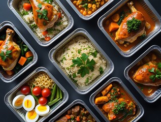 Variety of nutritious meal prep dishes including roasted chicken, vegetables, eggs, and pasta in portioned containers on dark background


