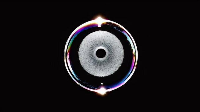 Iridescent bubble with a central design element that features a dark center on black background