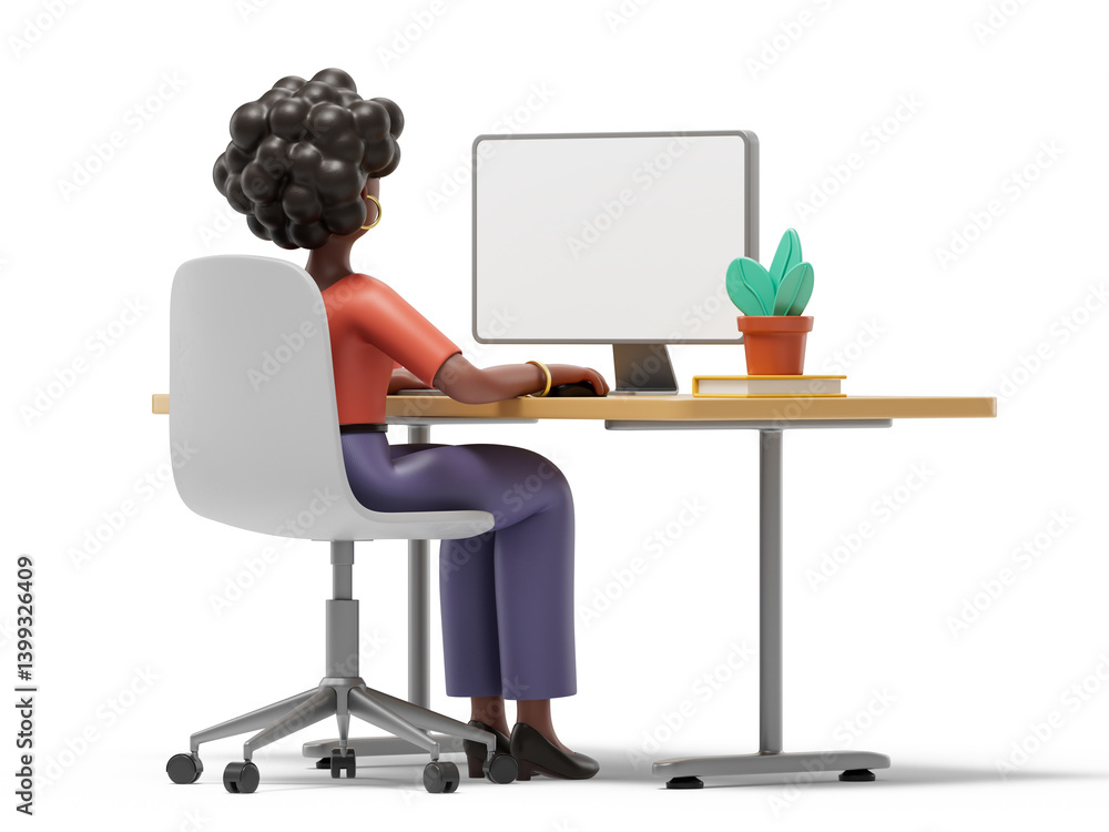 Fototapete a woman sits at a desk facing away from the viewer, working on a computer with a blank screen, symbo