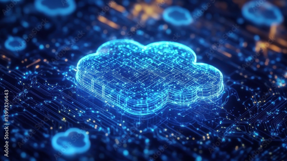 Poster a glowing blue cloud symbol over a digital circuit background, representing cloud computing and tech