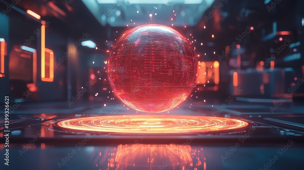 Poster a glowing red sphere hovers above a circular platform in a futuristic, high-tech environment, surrou