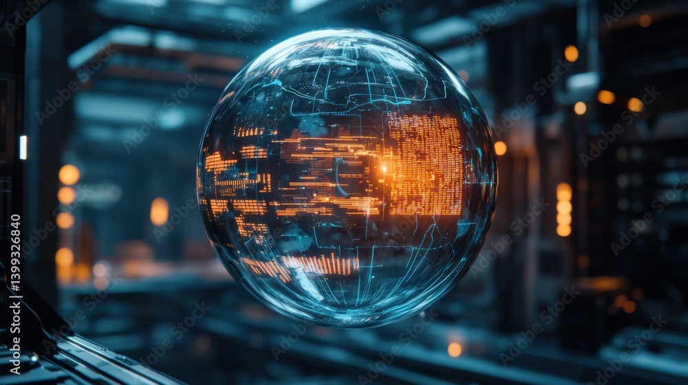 Poster a futuristic, glowing globe displays digital data in a tech-inspired setting, showcasing advanced te