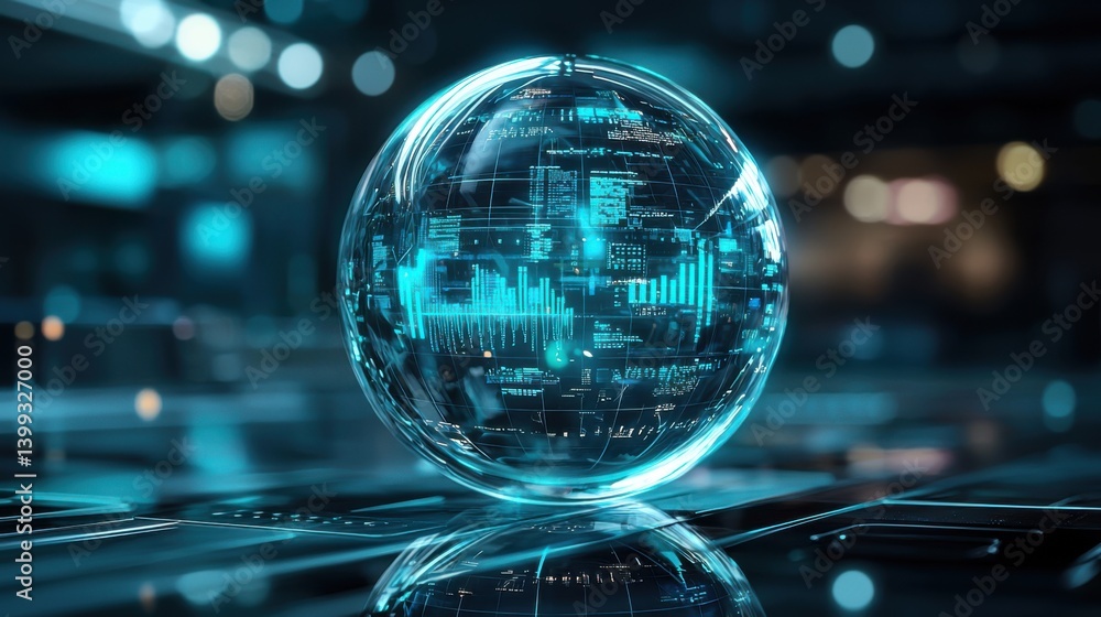 Poster a futuristic, glowing sphere displays digital data and graphs, symbolizing technology and interconne