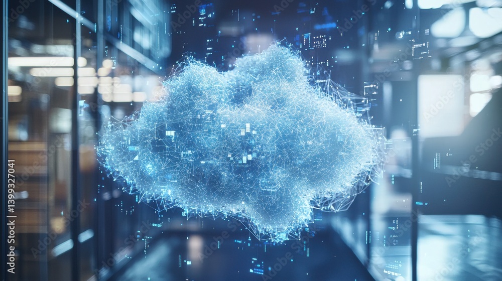 Poster a futuristic digital representation of a cloud filled with interconnected data points, symbolizing c