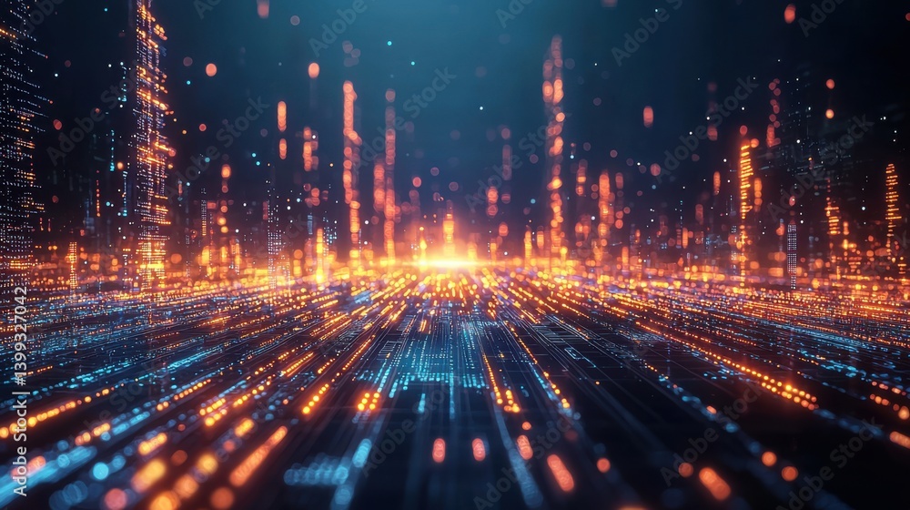 Poster a vibrant, abstract representation of data flow, showcasing illuminated lines and particles against 