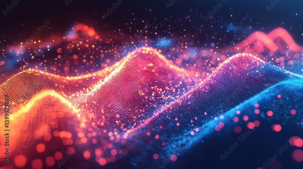Poster a vibrant digital visualization featuring waves of light and color, representing data or sound frequ