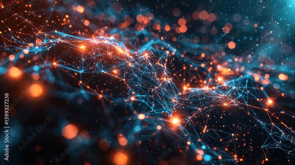 Poster a vibrant, abstract representation of interconnected networks, featuring glowing lines and nodes in 