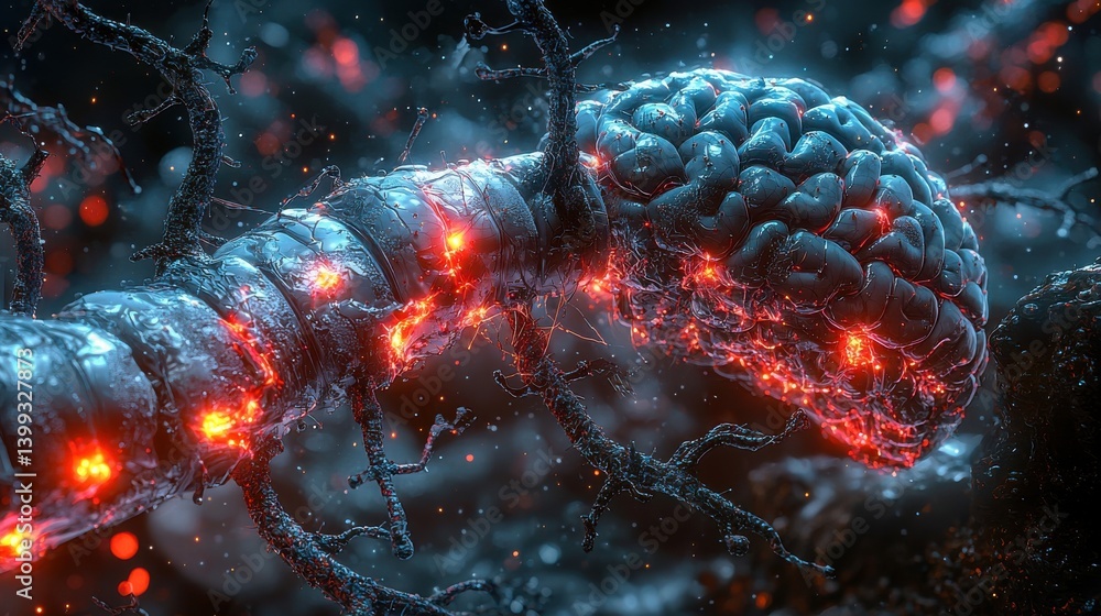 Poster a surreal digital depicting a glowing alien like brain engulfed in a fiery cosmic explosion of futur