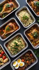 Assorted healthy home-cooked meals in takeaway containers with rice, pasta, vegetables, and chicken, ready for meal prep or delivery

