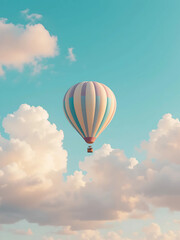 Fototapeta premium Pastel-colored hot air balloon floats serenely amidst fluffy white clouds and a clear blue sky. Peaceful and dreamy scene.