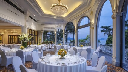 A beautiful reception hall with tables and outdoor views