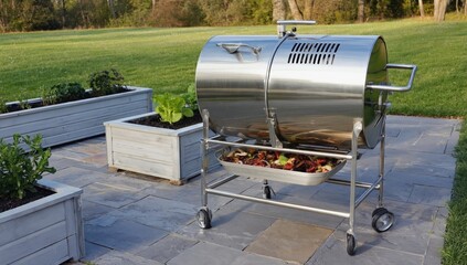 Stainless steel outdoor grill on patio with raised garden beds
