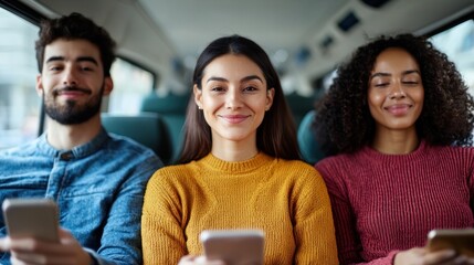 Interracial commuters embrace smart city rides in urban bus modern transport environment dynamic view
