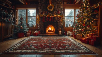 Obraz premium A cozy holiday scene featuring a beautifully decorated Christmas tree, presents, and a warm fireplace in a rustic room.