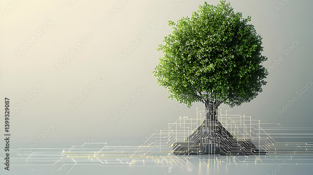Aufkleber digital tree with illuminated roots on light background