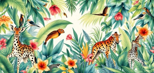 Watercolor safari animals & exotic plants seamless pattern Vintage jungle wallpaper, vintage, print