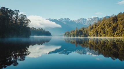 Serene mountain lake reflecting sky and clouds at sunrise.