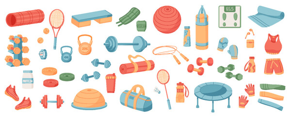 Colorful flat set of sport equipment on white background. Gym accessories and workout items including dumbbells, training mats, and fitness tools. Perfect for active lifestyle themes.