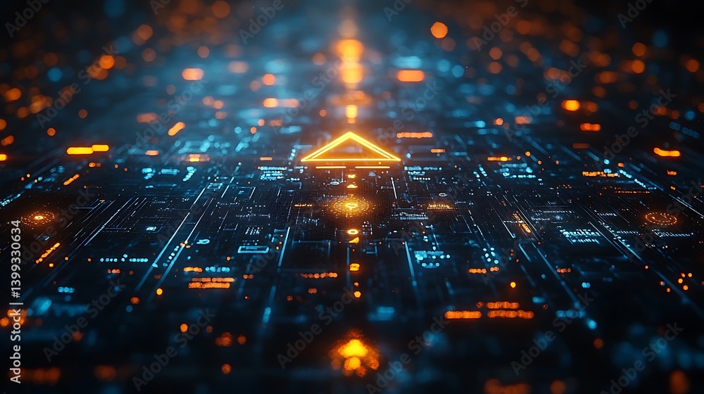 Poster abstract futuristic technology background with glowing circuit board and digital data transmission.