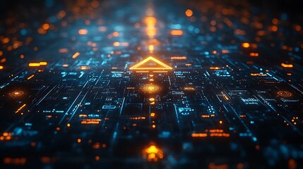 Abstract futuristic technology background with glowing circuit board and digital data transmission.