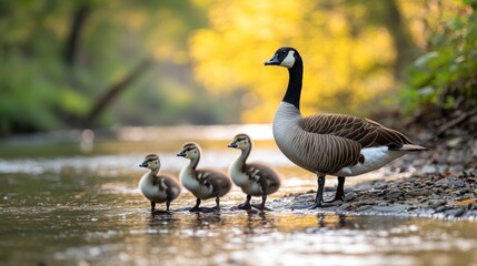 Fototapeta premium A Canada Goose and her Goslings by the Creek